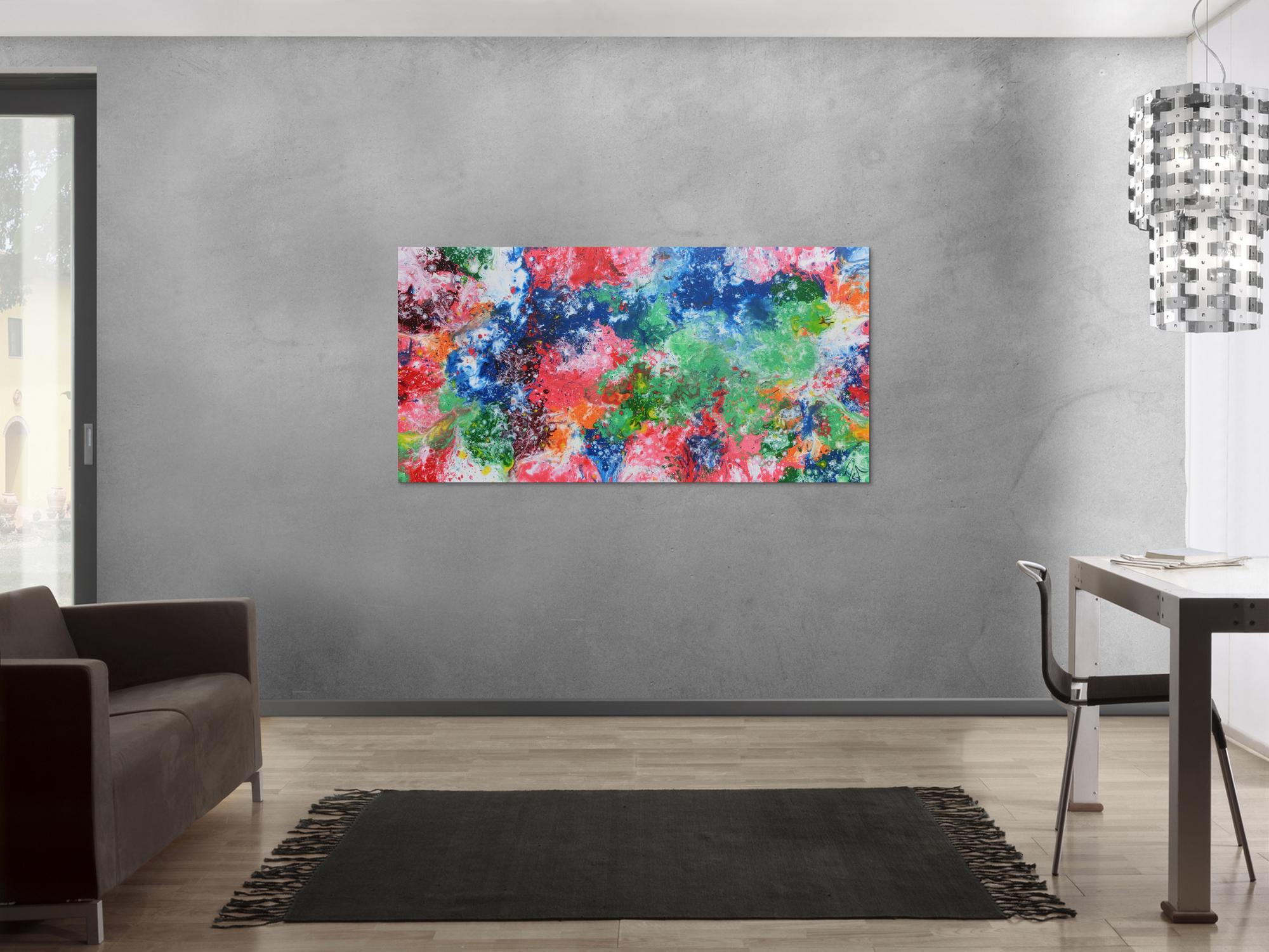 Abstraktes Acrylbild sehr bunt Fluid Painting Fließtechnik modernes Gemälde viele Farben