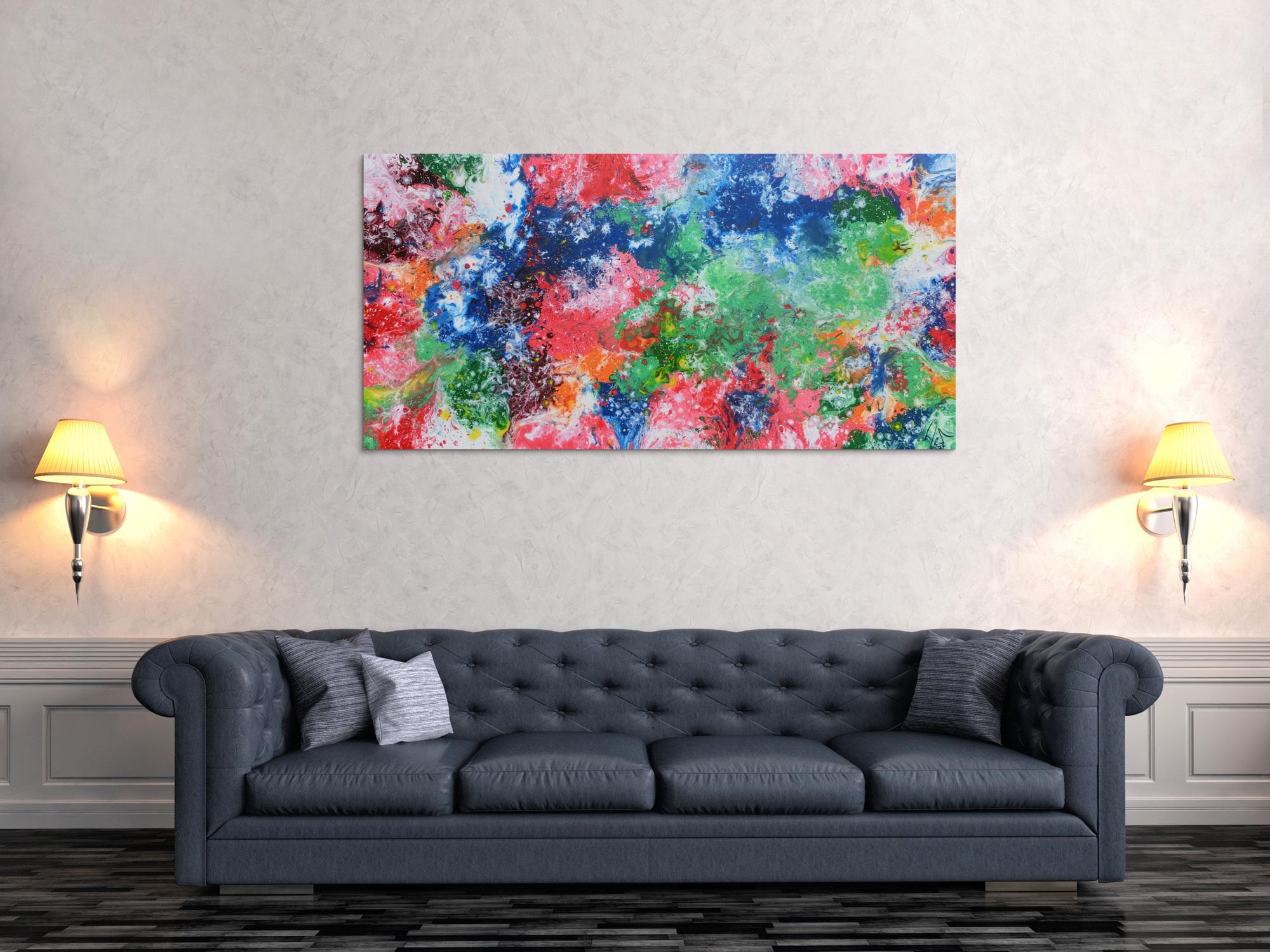 Abstraktes Acrylbild sehr bunt Fluid Painting Fließtechnik modernes Gemälde viele Farben