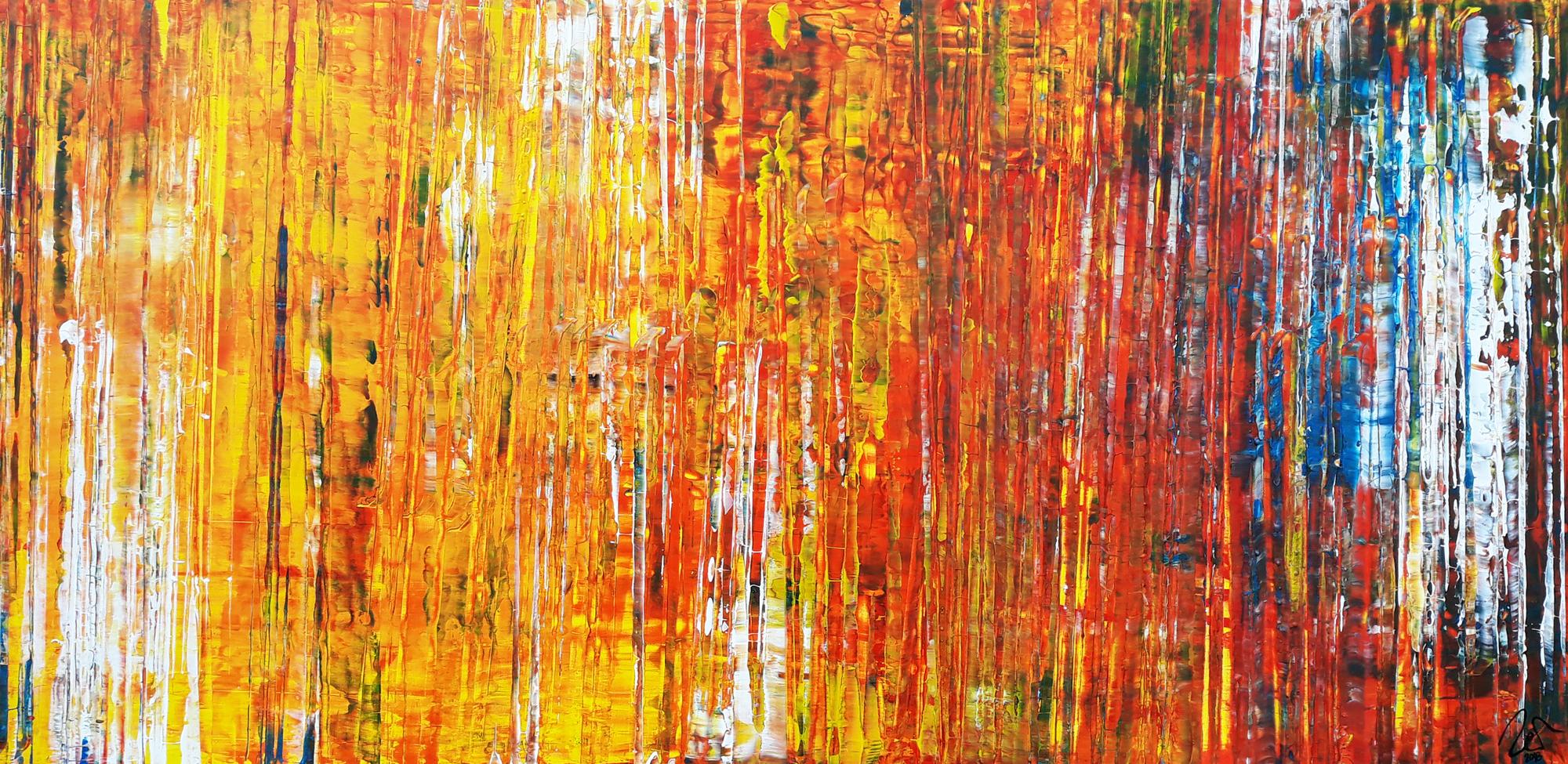Abstraktes Acrylbild in Spachteltechnik sehr bunt modern in gelb orange rot blau weiß