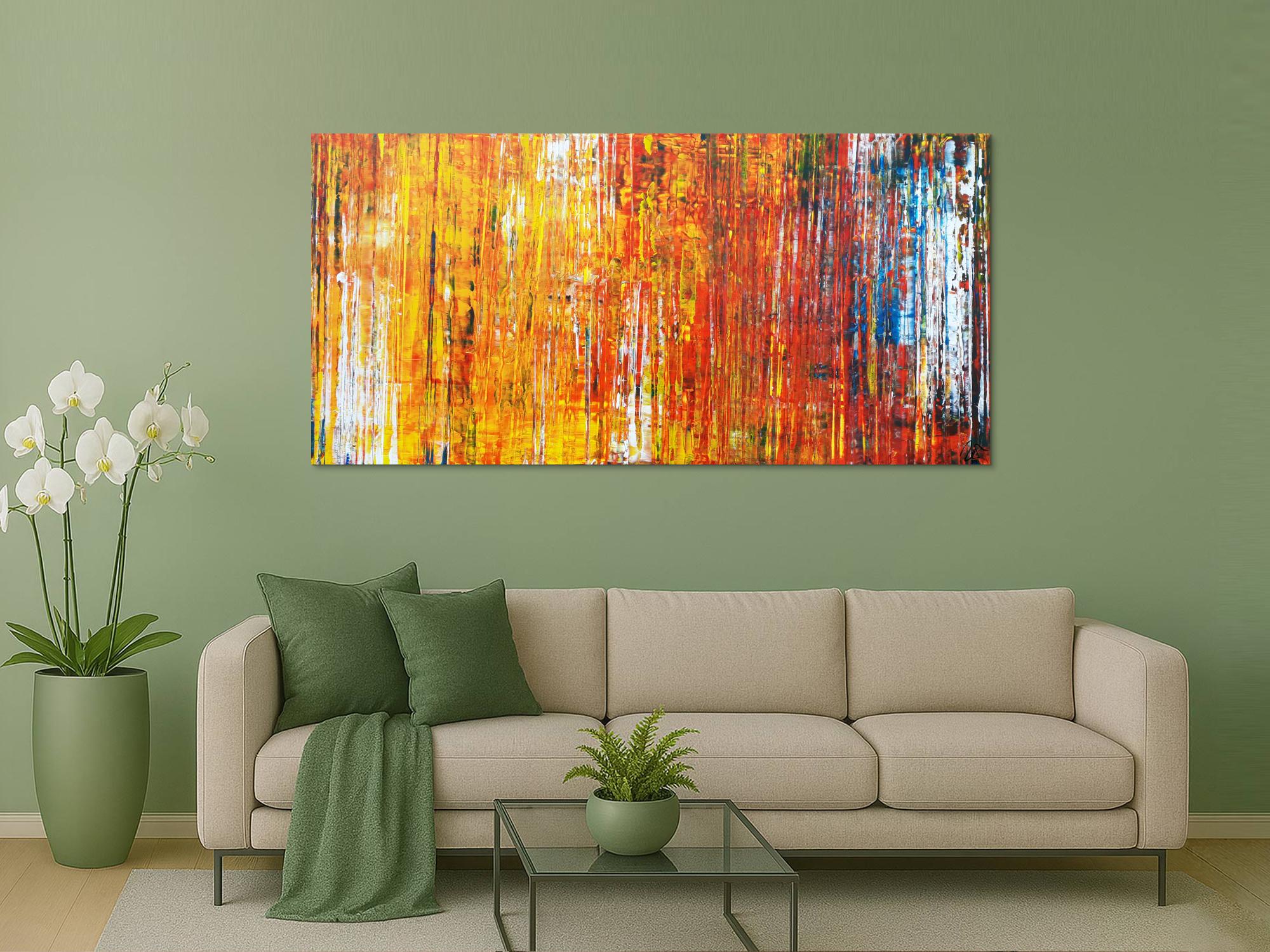 Abstraktes Acrylbild in Spachteltechnik sehr bunt modern in gelb orange rot blau weiß