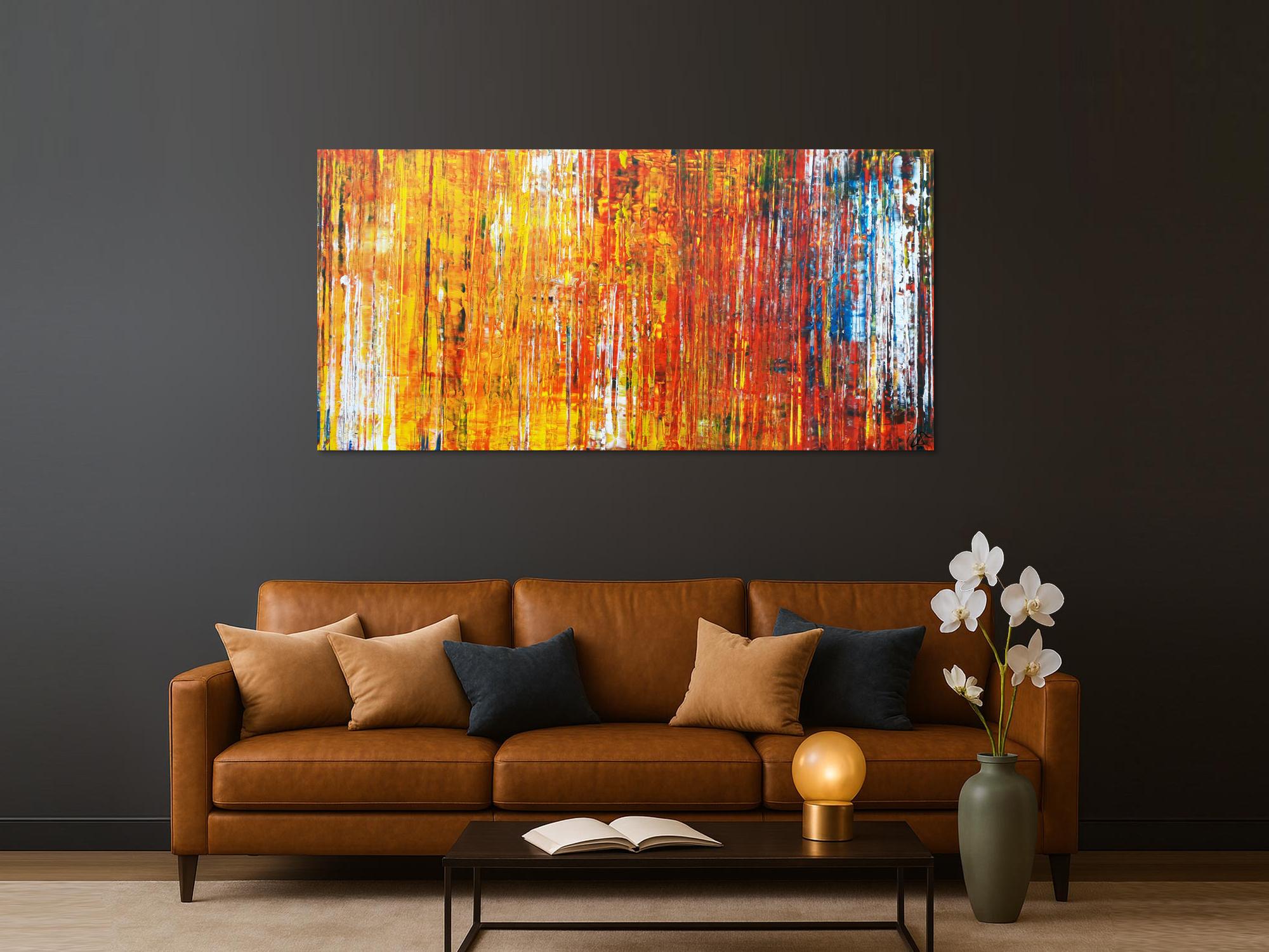 Abstraktes Acrylbild in Spachteltechnik sehr bunt modern in gelb orange rot blau weiß