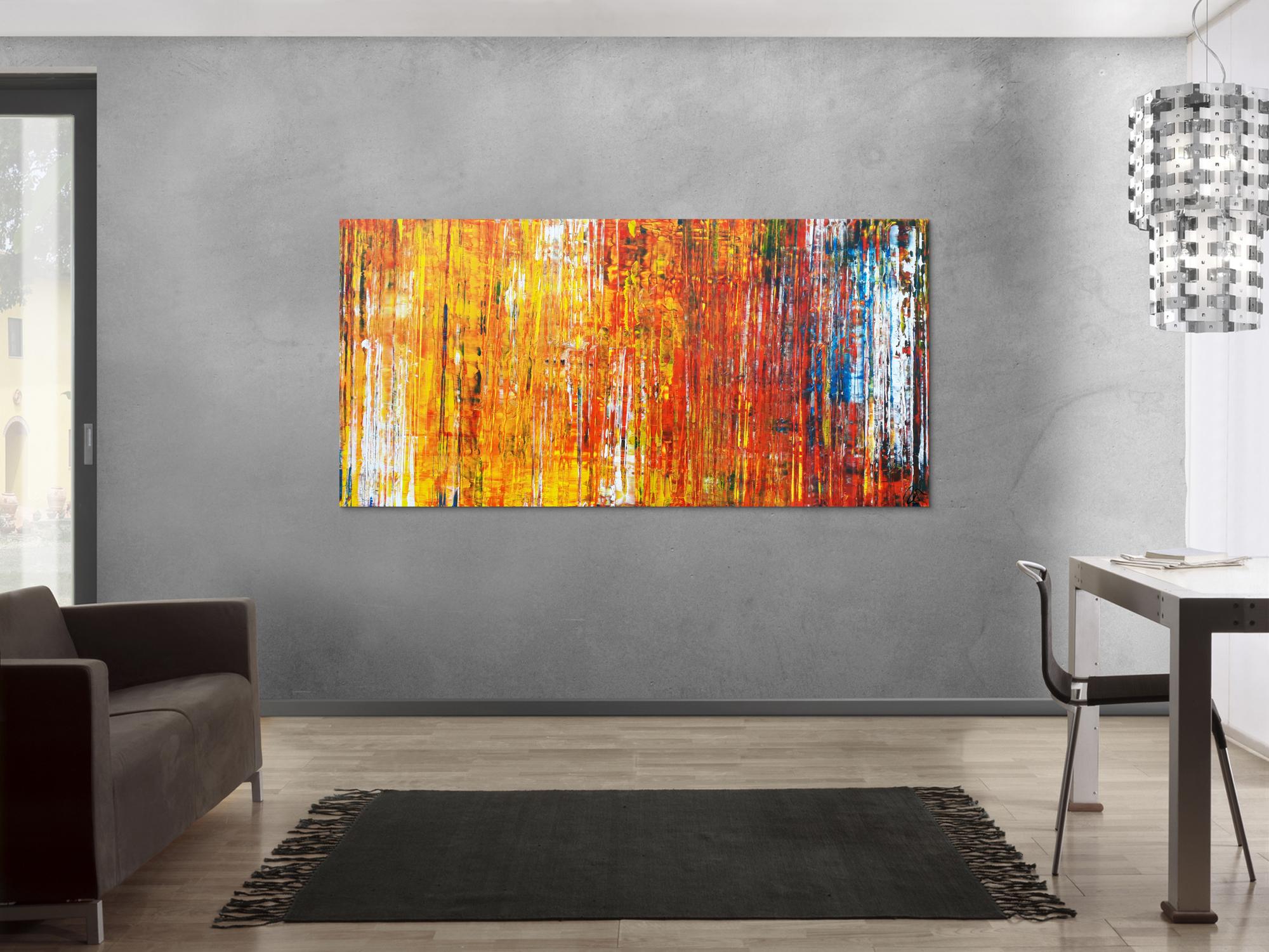 Abstraktes Acrylbild in Spachteltechnik sehr bunt modern in gelb orange rot blau weiß