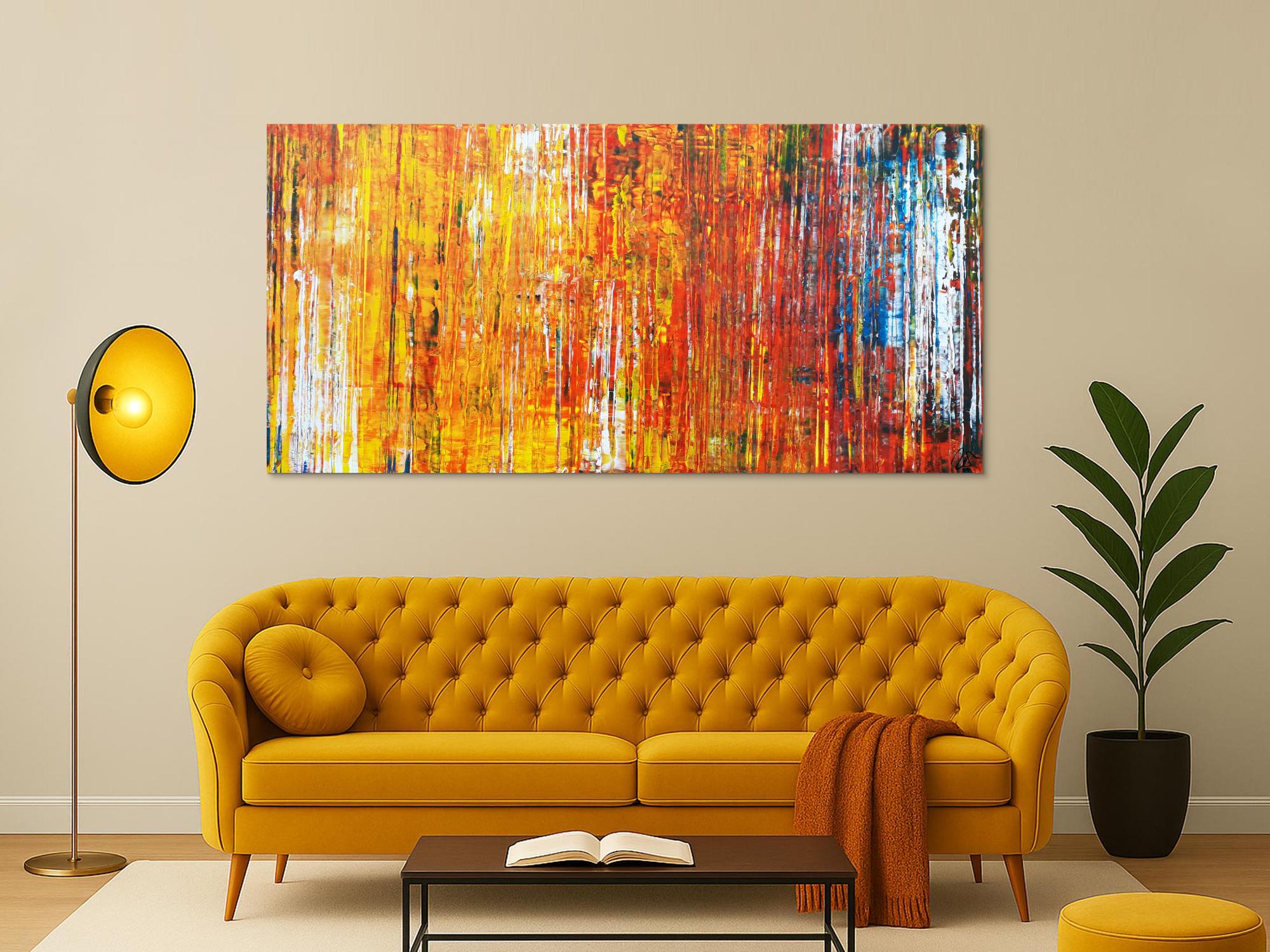 Abstraktes Acrylbild in Spachteltechnik sehr bunt modern in gelb orange rot blau weiß