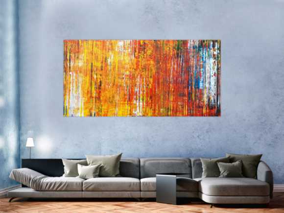 Abstraktes Acrylbild in Spachteltechnik sehr bunt modern in gelb orange rot blau weiß