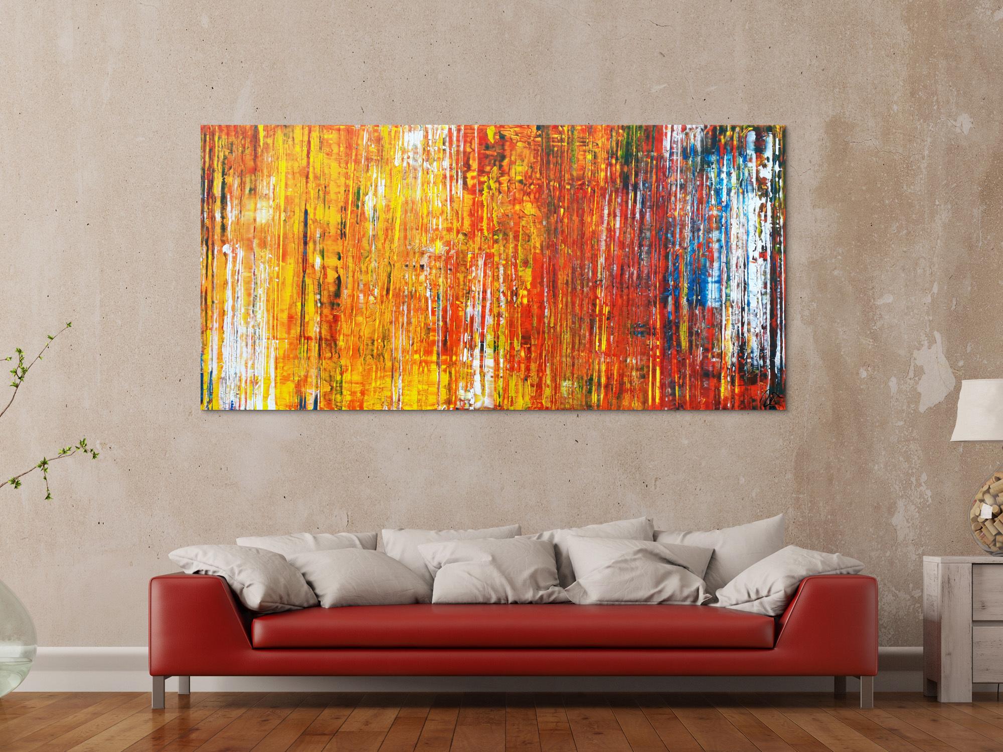 Abstraktes Acrylbild in Spachteltechnik sehr bunt modern in gelb orange rot blau weiß