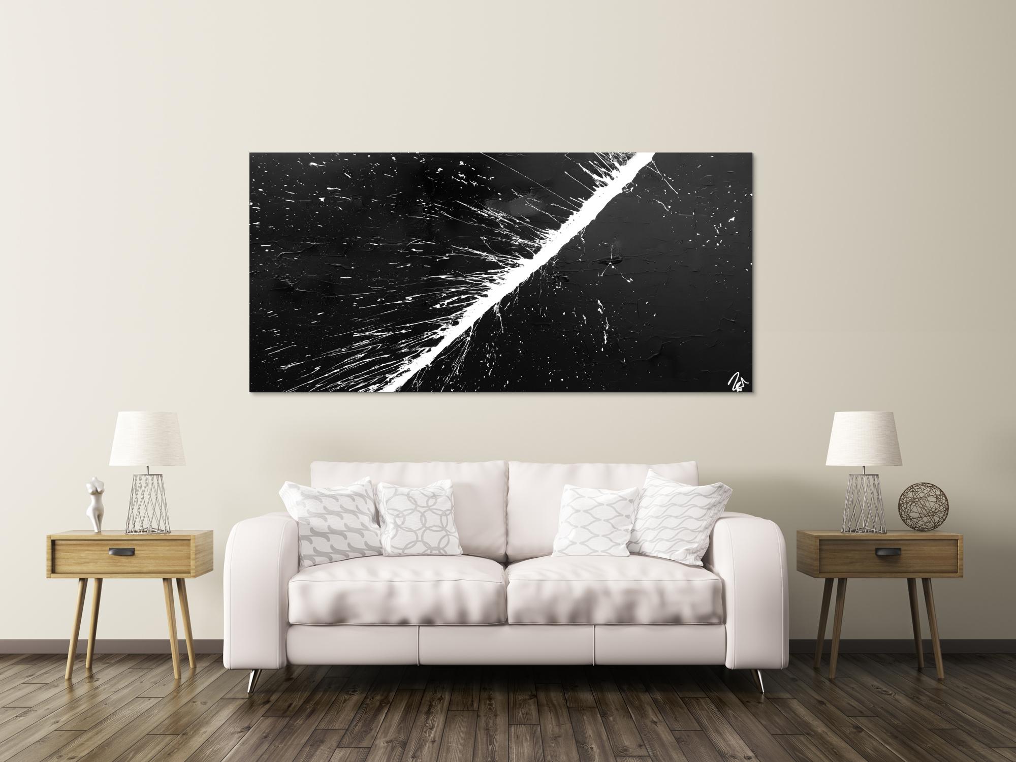 Abstraktes Acrylbild minimalistisch in schwarz weiß Action Painting sehr modern Splash Art