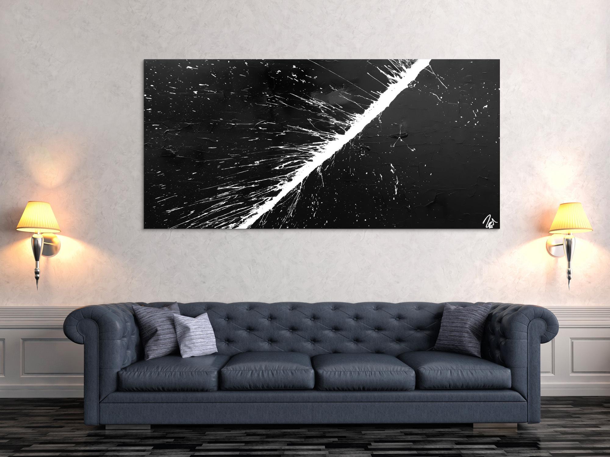 Abstraktes Acrylbild minimalistisch in schwarz weiß Action Painting sehr modern Splash Art