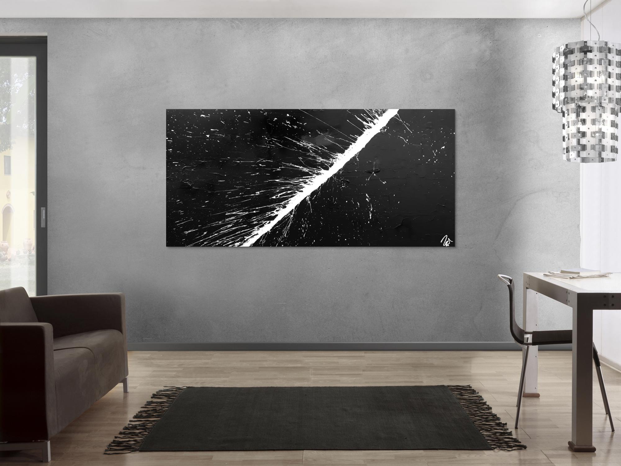 Abstraktes Acrylbild minimalistisch in schwarz weiß Action Painting sehr modern Splash Art