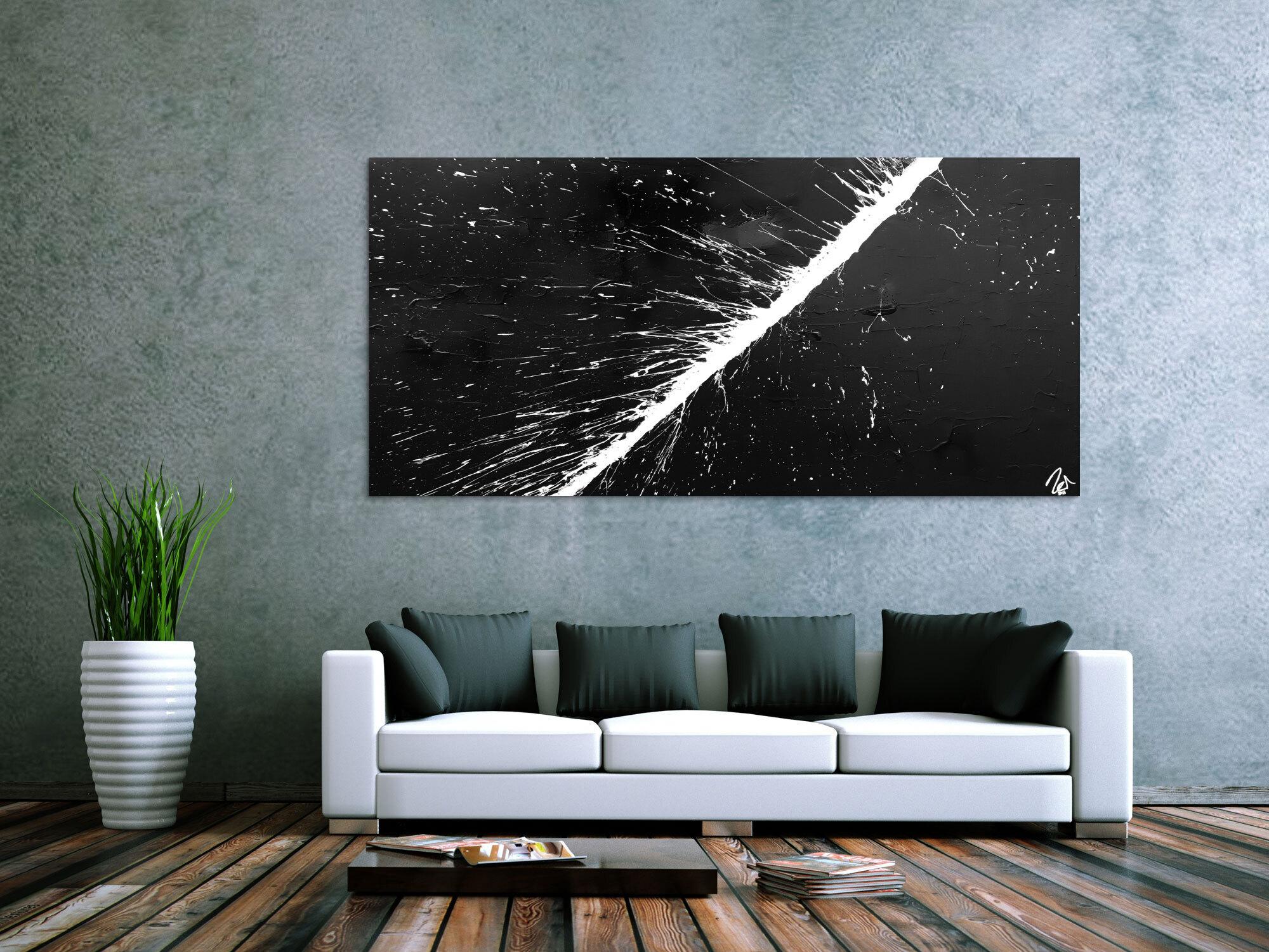 Abstraktes Acrylbild minimalistisch in schwarz weiß Action Painting sehr modern Splash Art