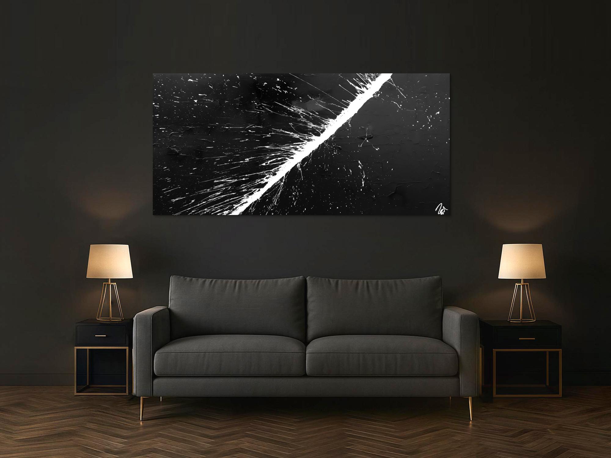 Abstraktes Acrylbild minimalistisch in schwarz weiß Action Painting sehr modern Splash Art