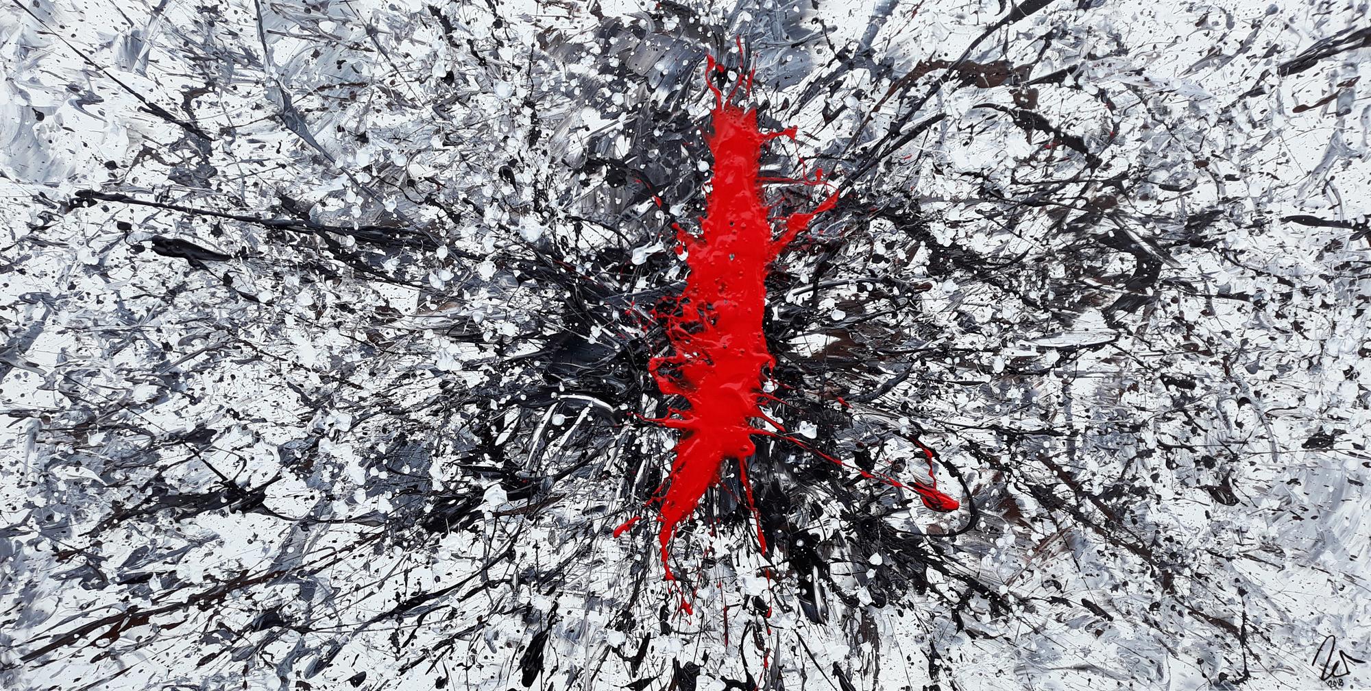 Abstraktes Acrylbild Action Painting sehr modern roter Fleck auf weiß grau braun schwarz Splash Art
