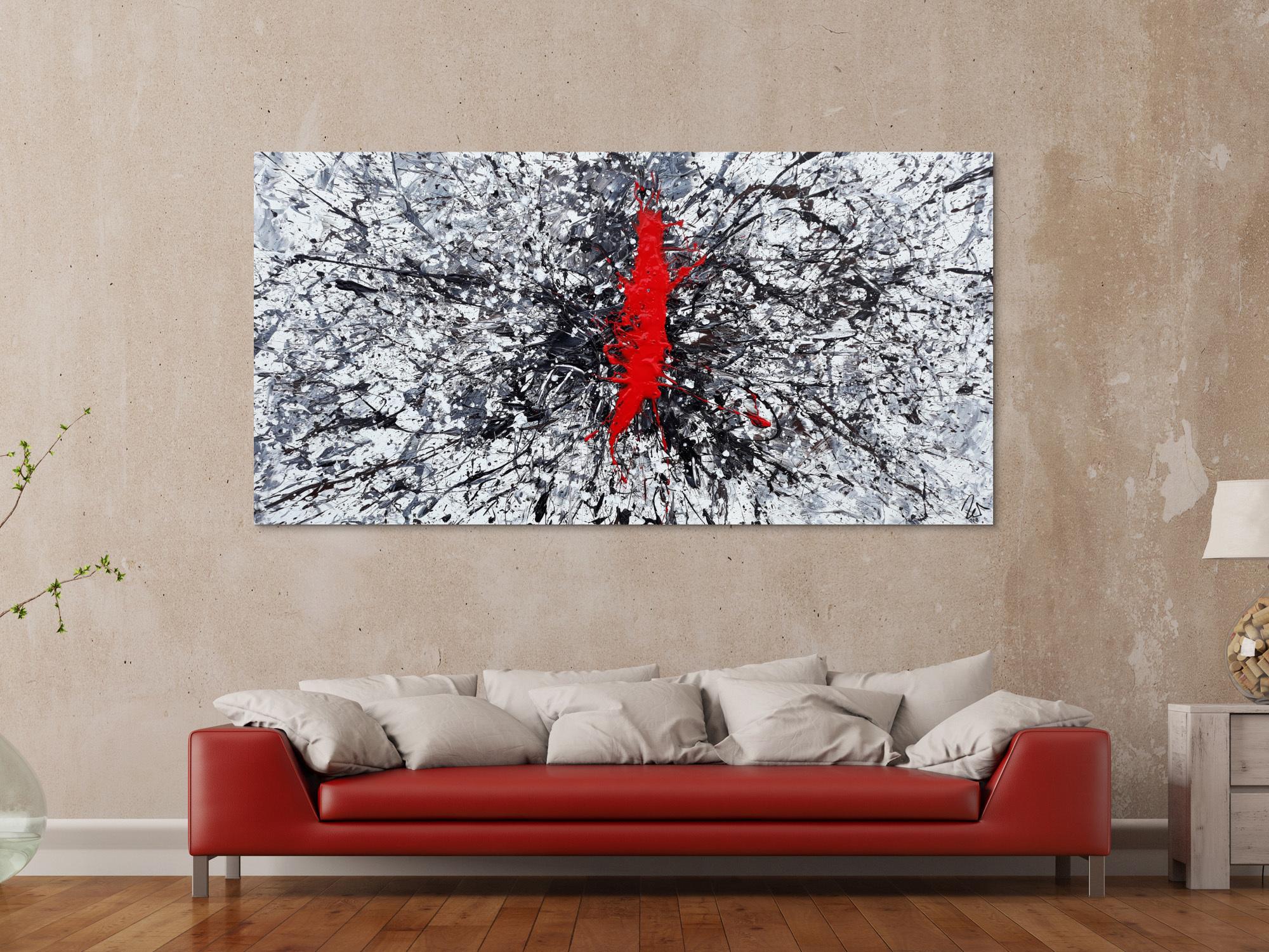 Abstraktes Acrylbild Action Painting sehr modern roter Fleck auf weiß grau braun schwarz Splash Art