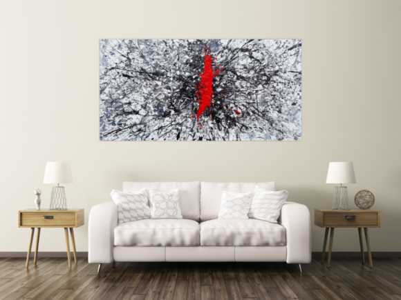 Abstraktes Acrylbild Action Painting sehr modern roter Fleck auf weiß grau braun schwarz Splash Art