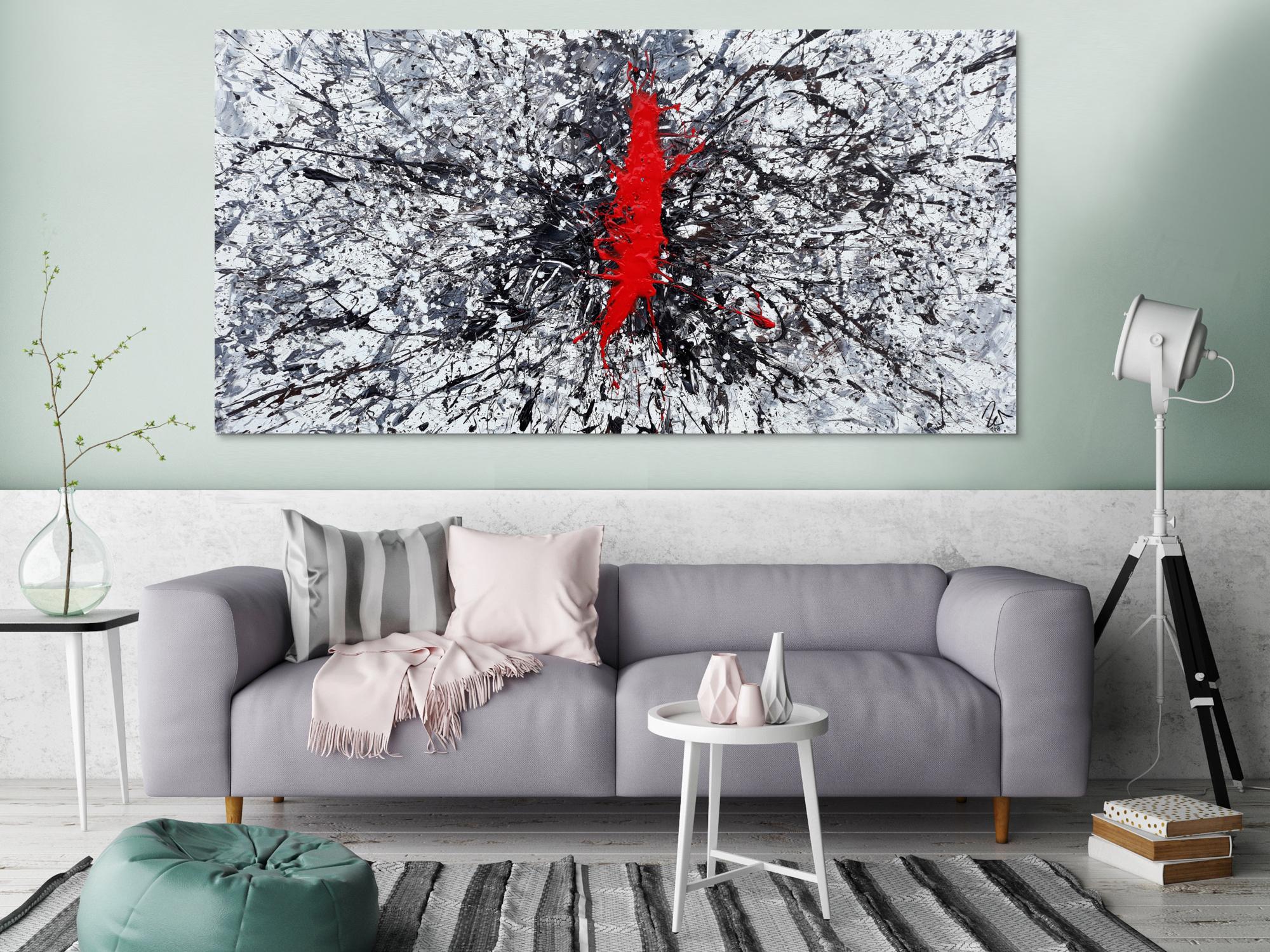 Abstraktes Acrylbild Action Painting sehr modern roter Fleck auf weiß grau braun schwarz Splash Art