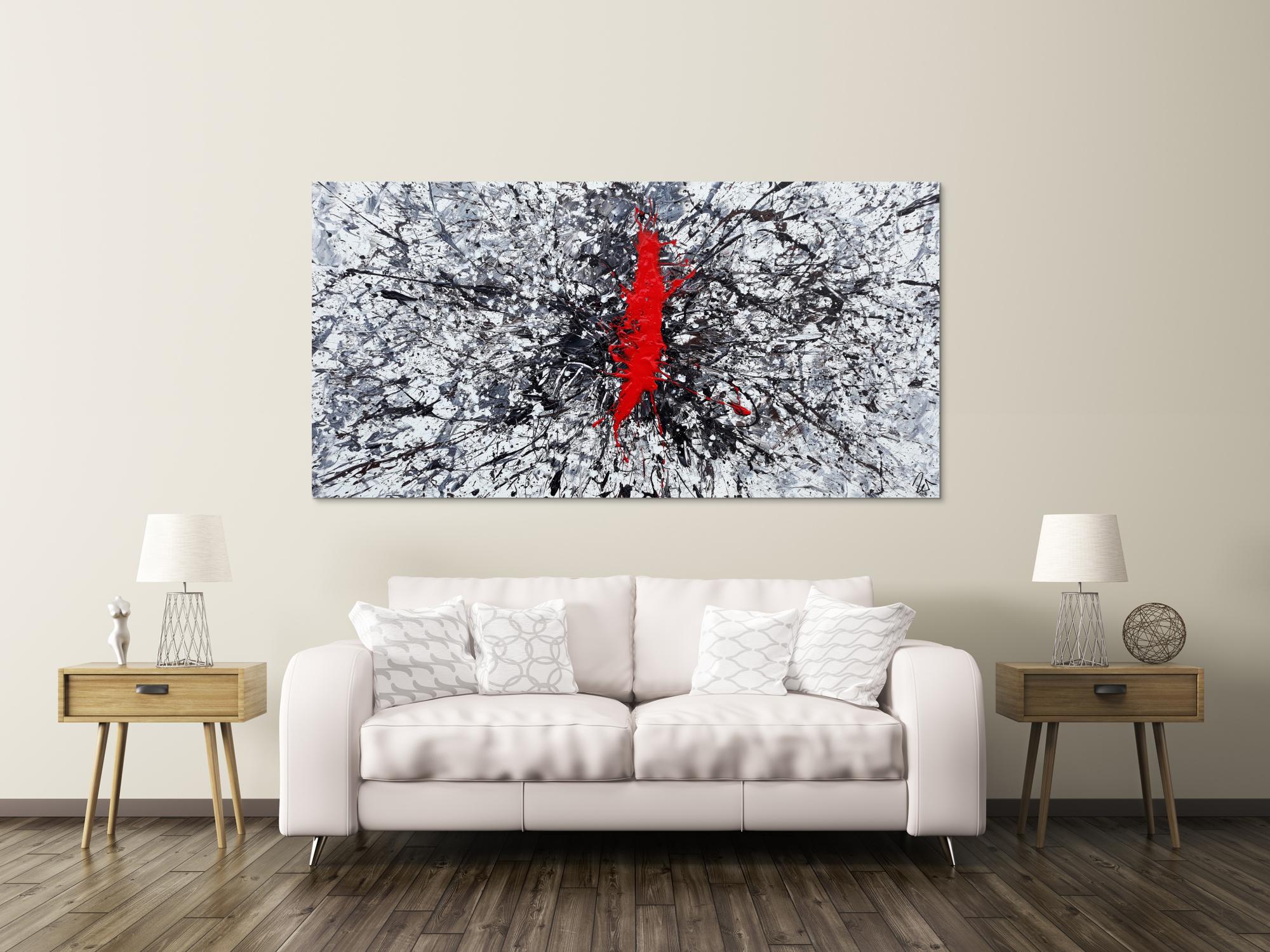 Abstraktes Acrylbild Action Painting sehr modern roter Fleck auf weiß grau braun schwarz Splash Art