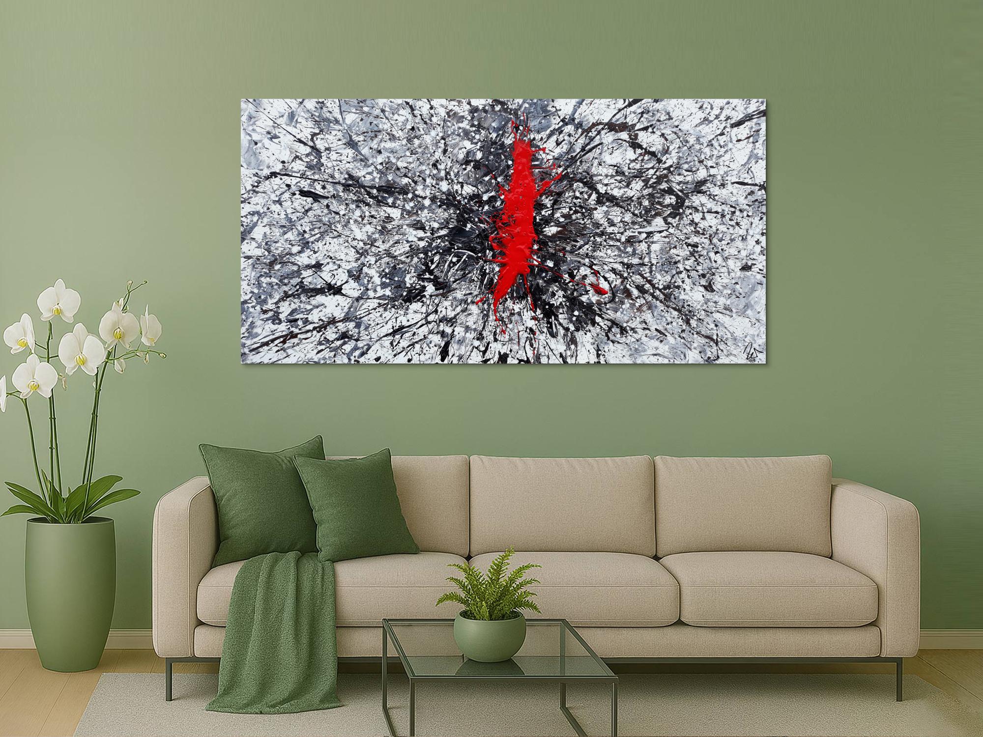 Abstraktes Acrylbild Action Painting sehr modern roter Fleck auf weiß grau braun schwarz Splash Art