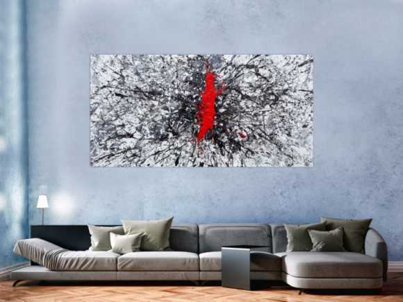 Abstraktes Acrylbild Action Painting sehr modern roter Fleck auf weiß grau braun schwarz Splash Art