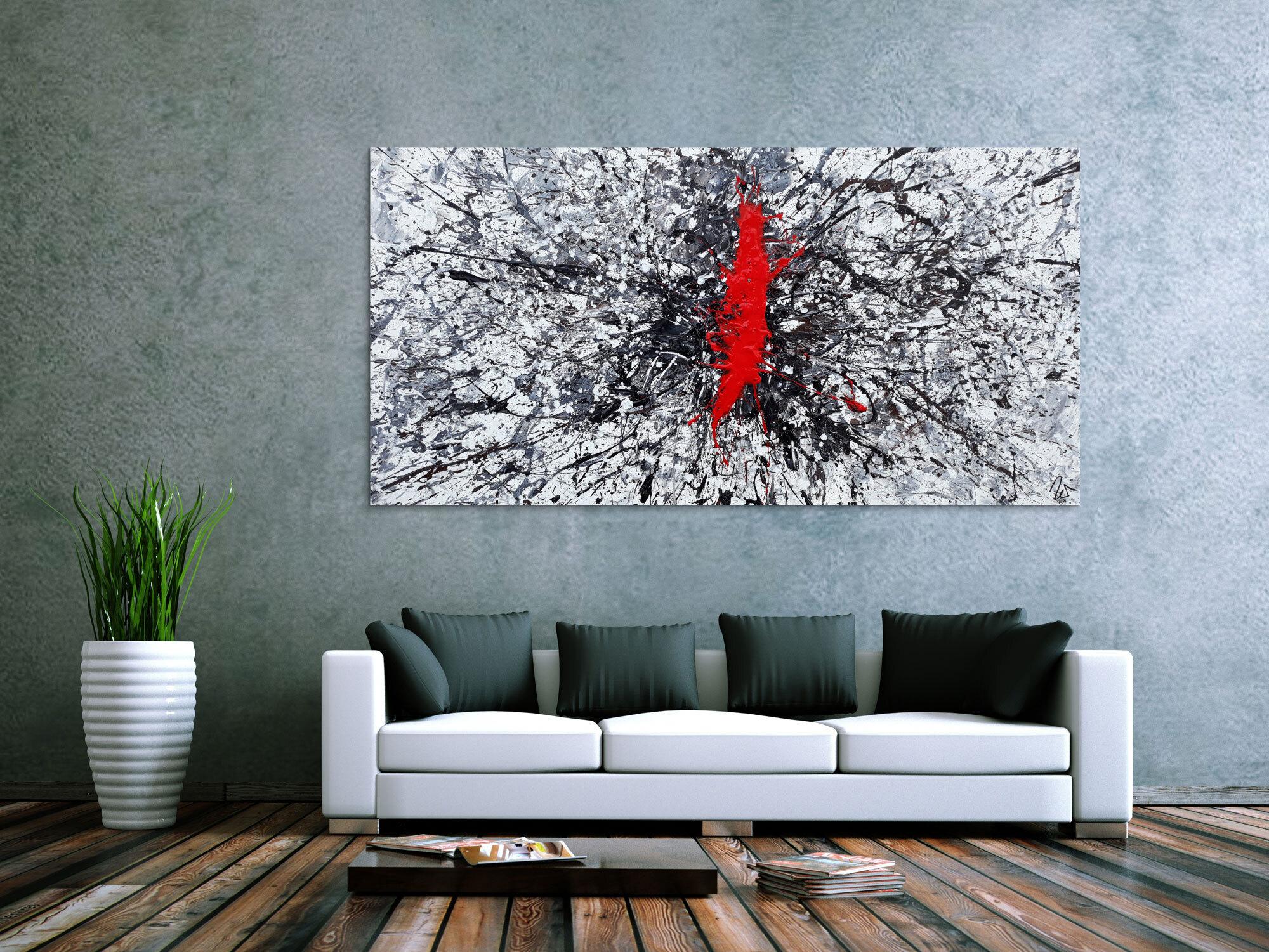 Abstraktes Acrylbild Action Painting sehr modern roter Fleck auf weiß grau braun schwarz Splash Art