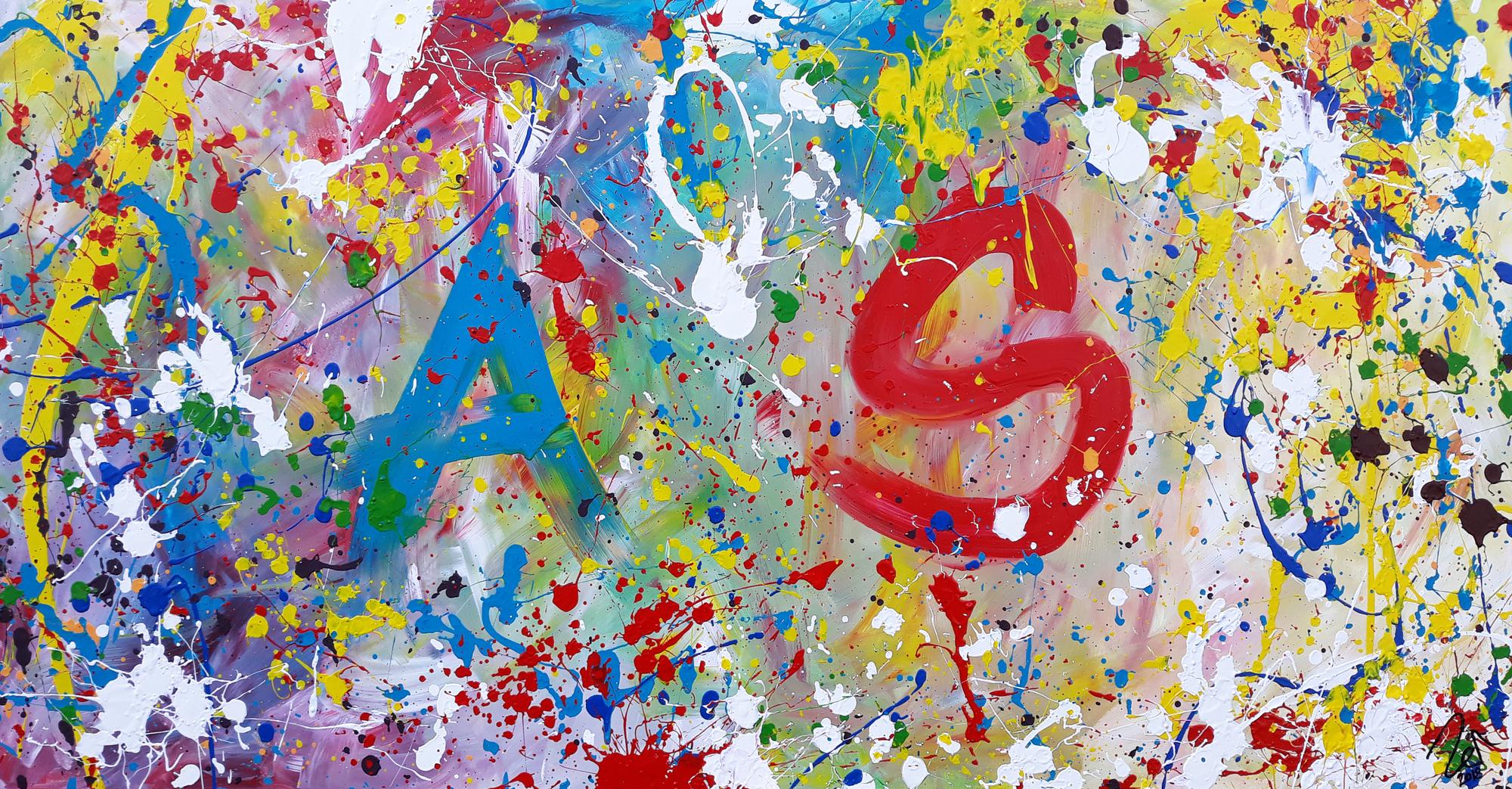 Abstraktes Acrylbild sehr bunt modern helle bunte Farben A und S abstrakt Action Painting splash Art