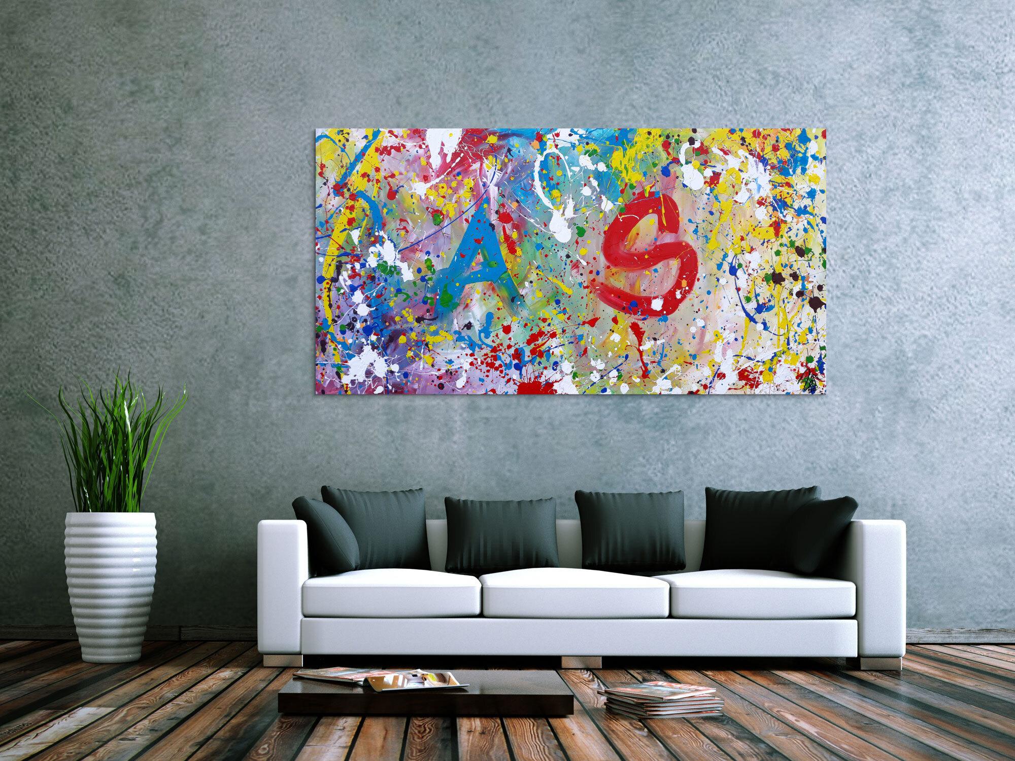 Abstraktes Acrylbild sehr bunt modern helle bunte Farben A und S abstrakt Action Painting splash Art