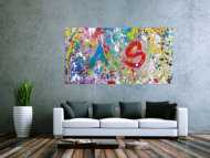 Abstraktes Acrylbild sehr bunt modern helle bunte Farben A und S abstrakt Action Painting splash Art