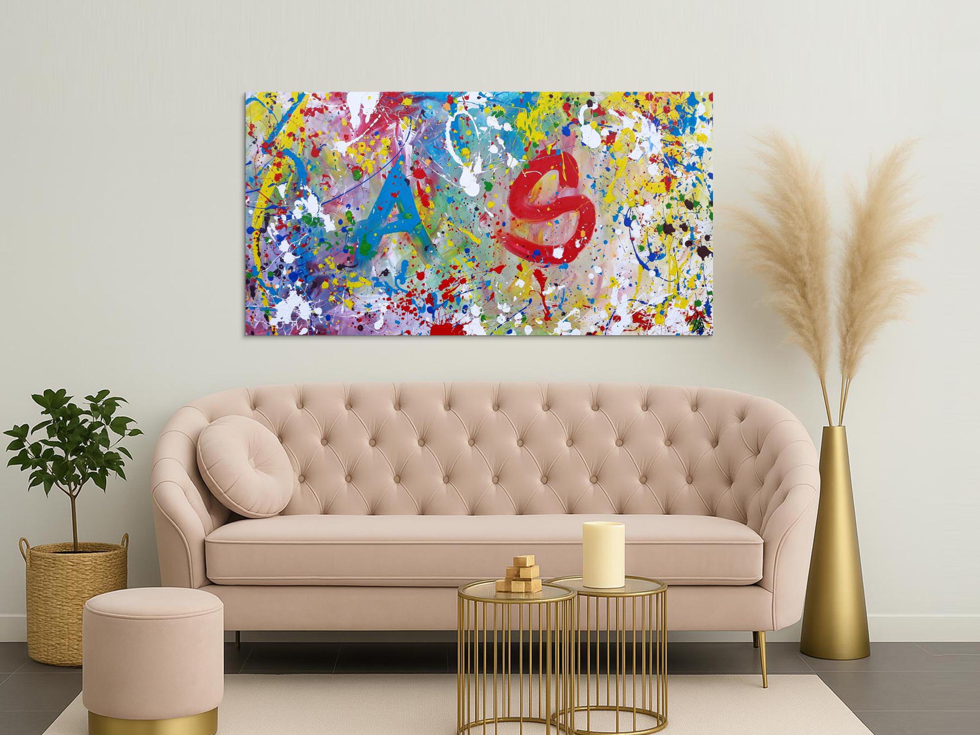 Abstraktes Acrylbild sehr bunt modern helle bunte Farben A und S abstrakt Action Painting splash Art
