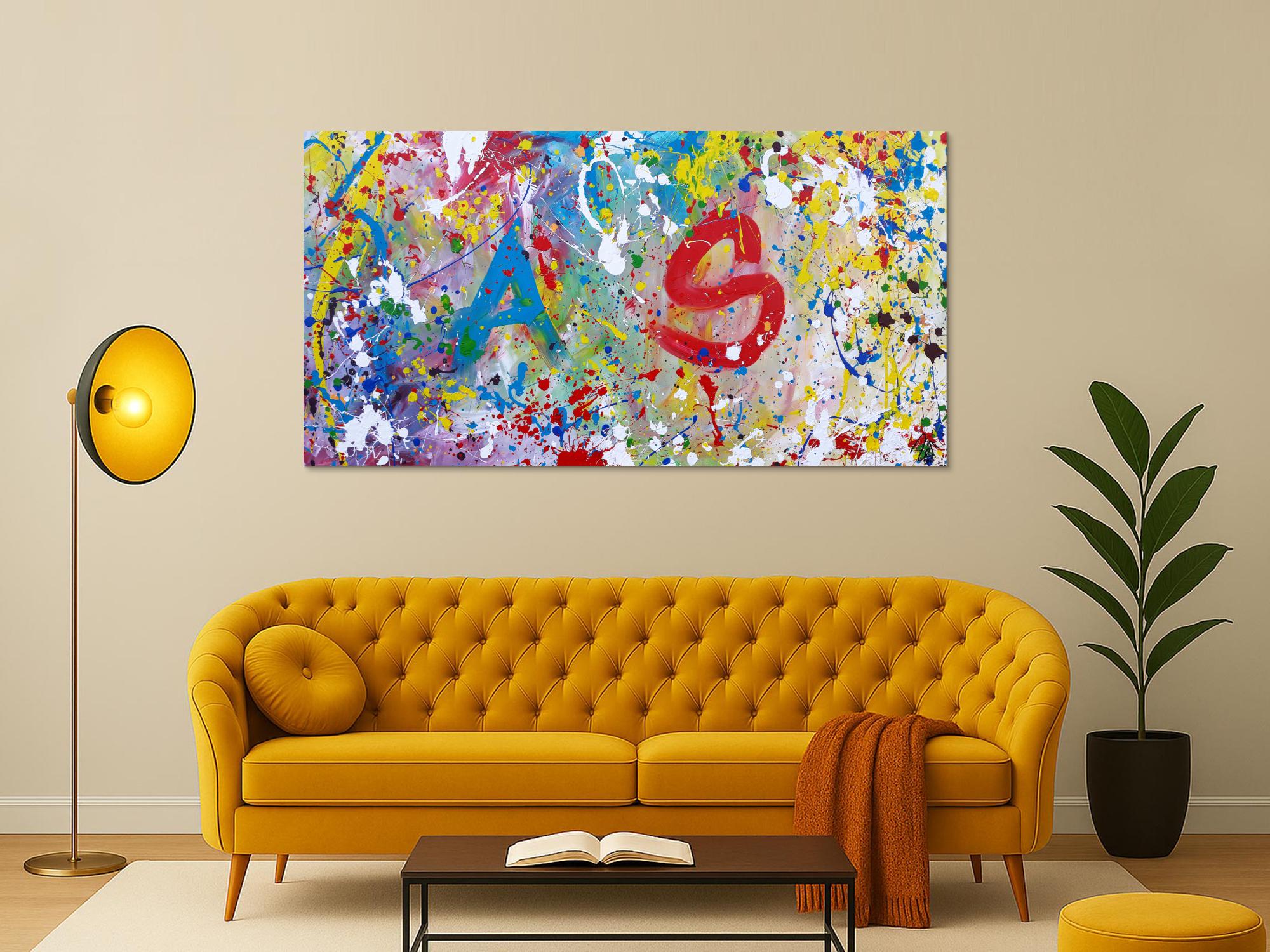 Abstraktes Acrylbild sehr bunt modern helle bunte Farben A und S abstrakt Action Painting splash Art