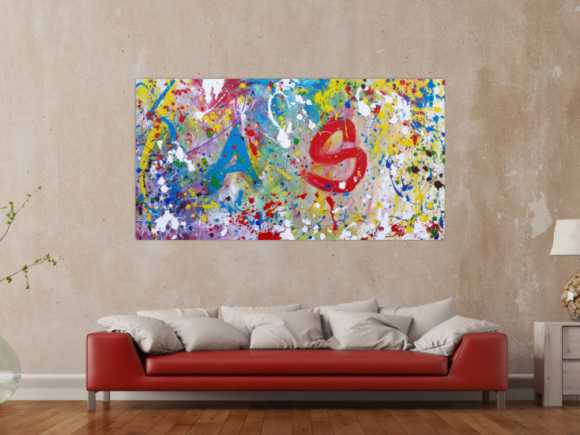 Abstraktes Acrylbild sehr bunt modern helle bunte Farben A und S abstrakt Action Painting splash Art
