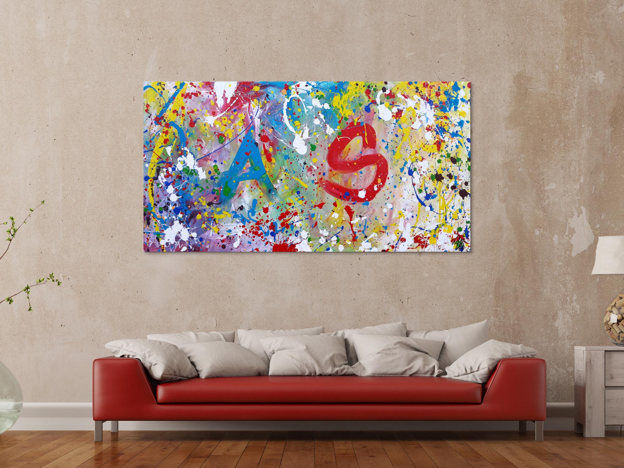 Abstraktes Acrylbild sehr bunt modern helle bunte Farben A und S abstrakt Action Painting splash Art