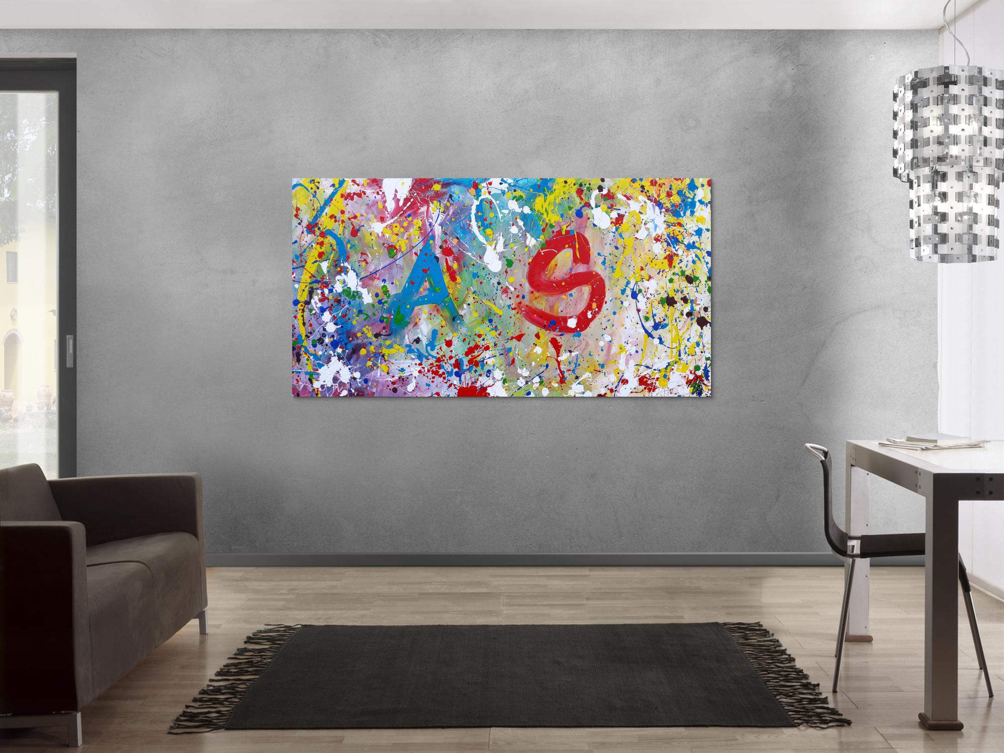 Abstraktes Acrylbild sehr bunt modern helle bunte Farben A und S abstrakt Action Painting splash Art