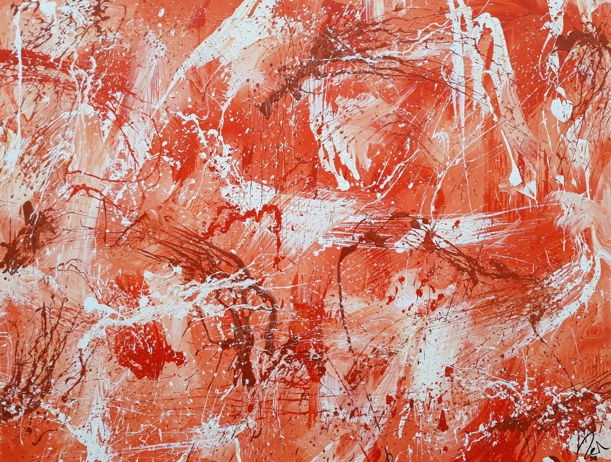 Abstraktes Acrylbild sehr modern mediterrane Farben in orange weiß Action Painting mordern Art