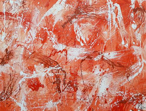 Abstraktes Acrylbild sehr modern mediterrane Farben in orange weiß Action Painting mordern Art