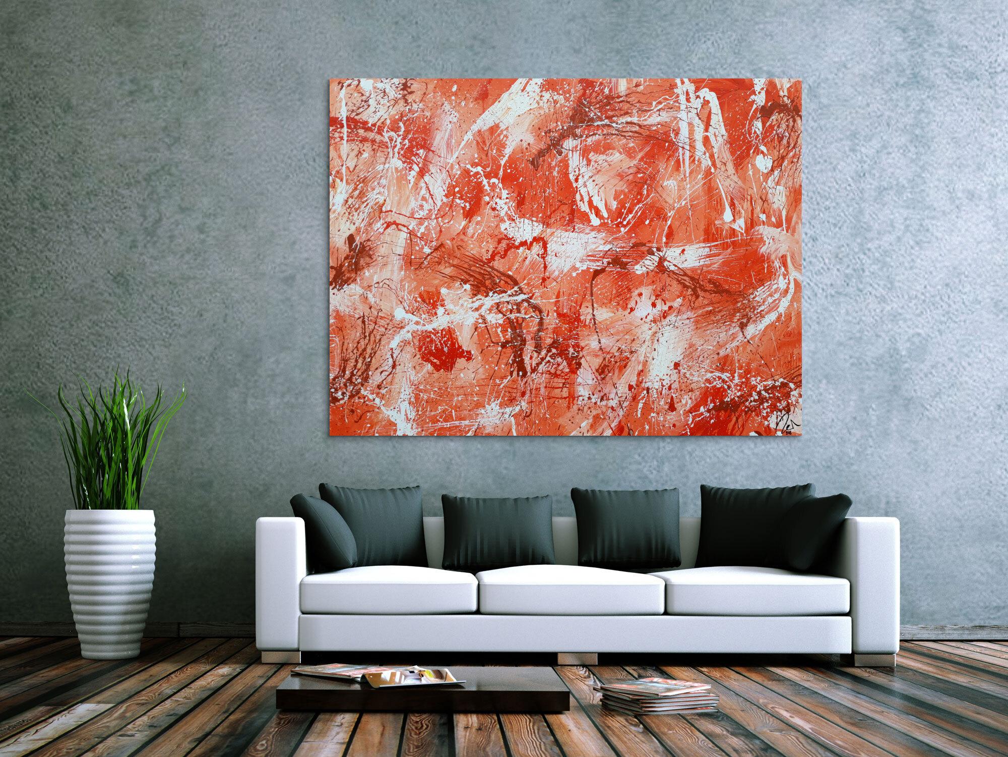 Abstraktes Acrylbild sehr modern mediterrane Farben in orange weiß Action Painting mordern Art