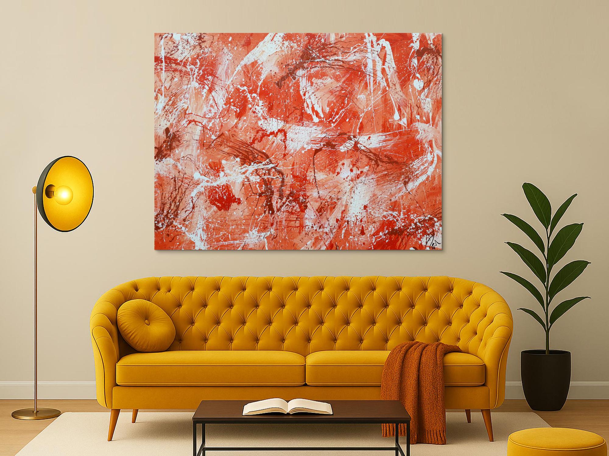 Abstraktes Acrylbild sehr modern mediterrane Farben in orange weiß Action Painting mordern Art