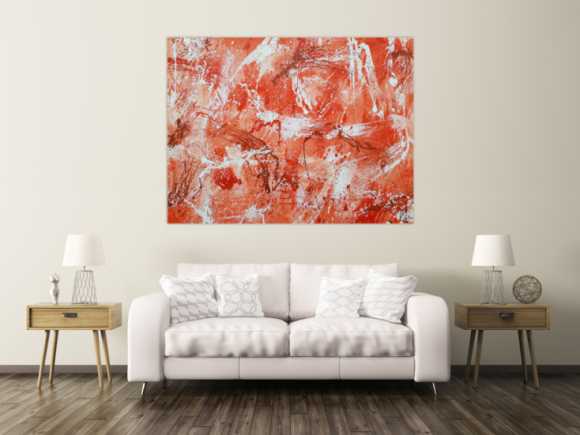 Abstraktes Acrylbild sehr modern mediterrane Farben in orange weiß Action Painting mordern Art