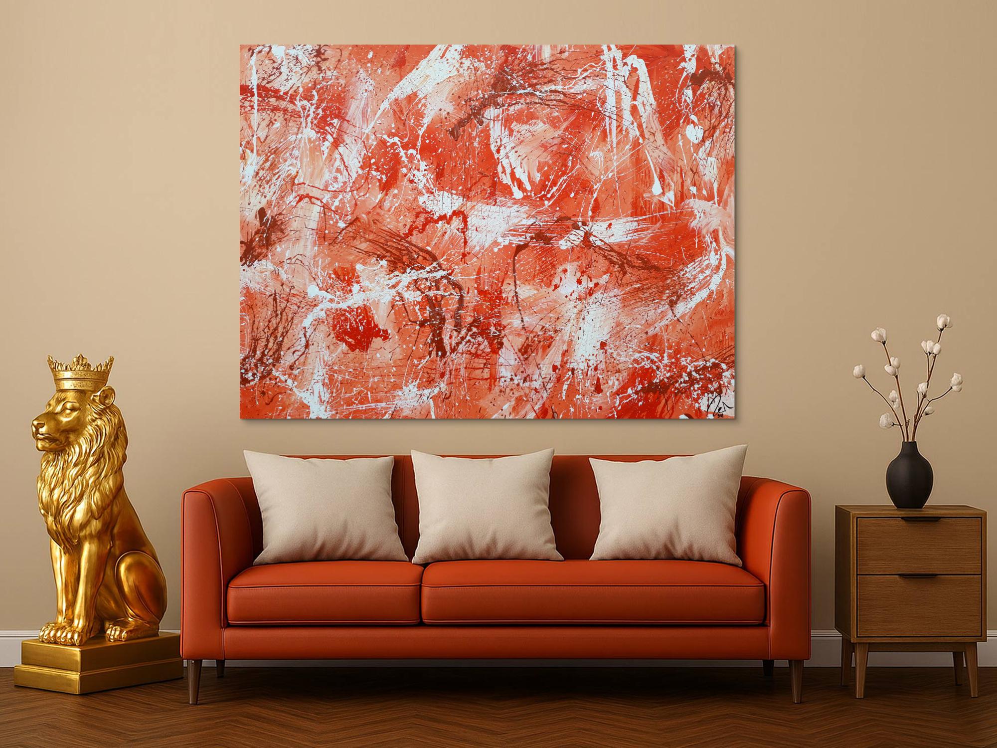 Abstraktes Acrylbild sehr modern mediterrane Farben in orange weiß Action Painting mordern Art