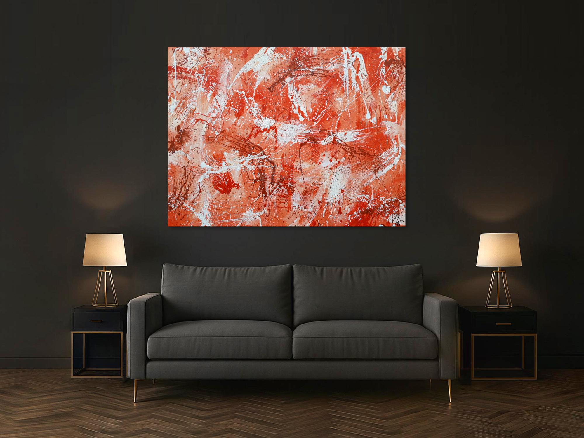 Abstraktes Acrylbild sehr modern mediterrane Farben in orange weiß Action Painting mordern Art