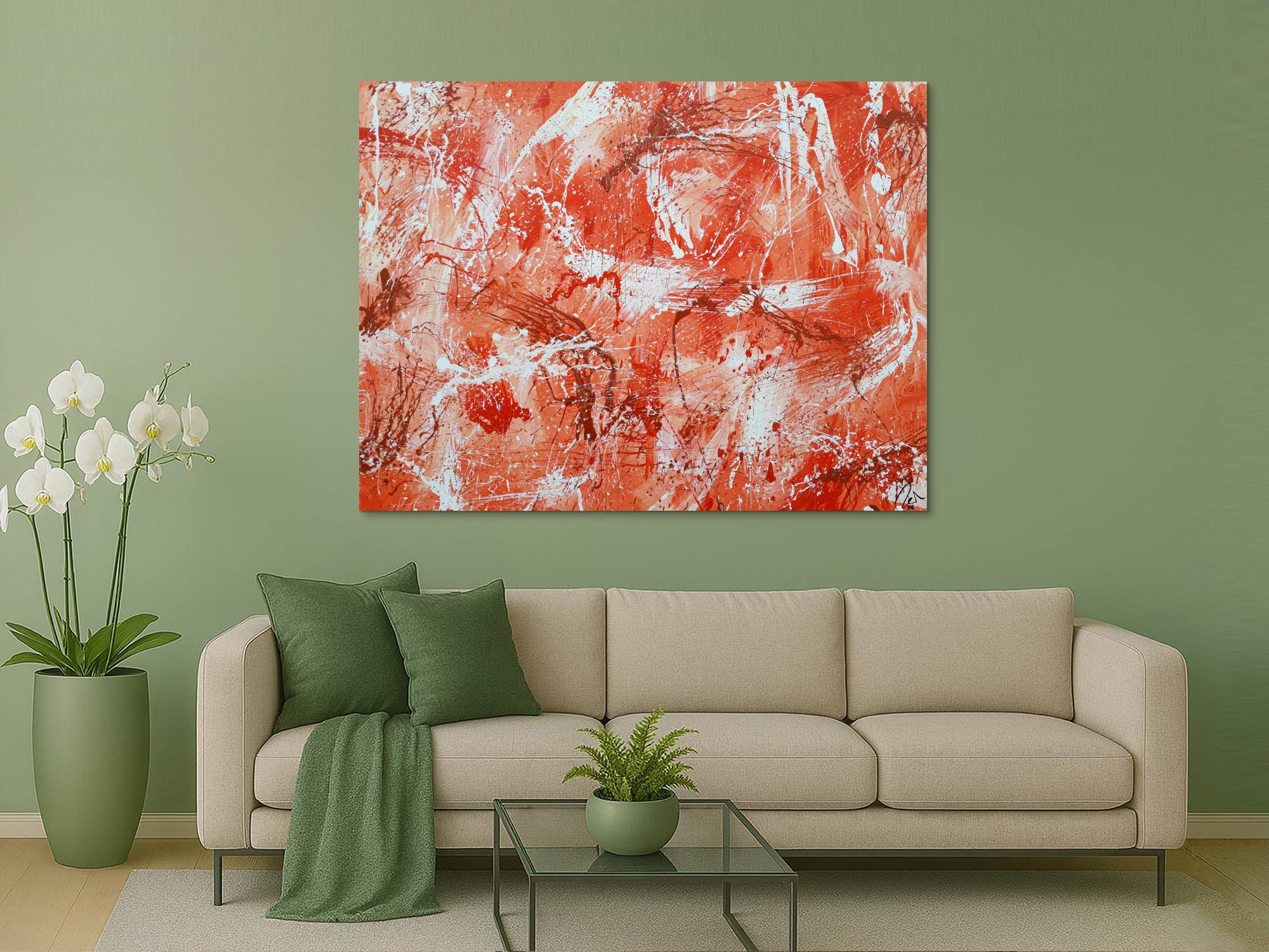 Abstraktes Acrylbild sehr modern mediterrane Farben in orange weiß Action Painting mordern Art