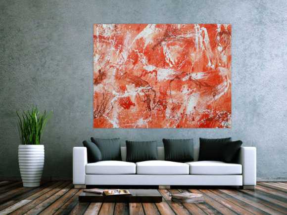 Abstraktes Acrylbild sehr modern mediterrane Farben in orange weiß Action Painting mordern Art