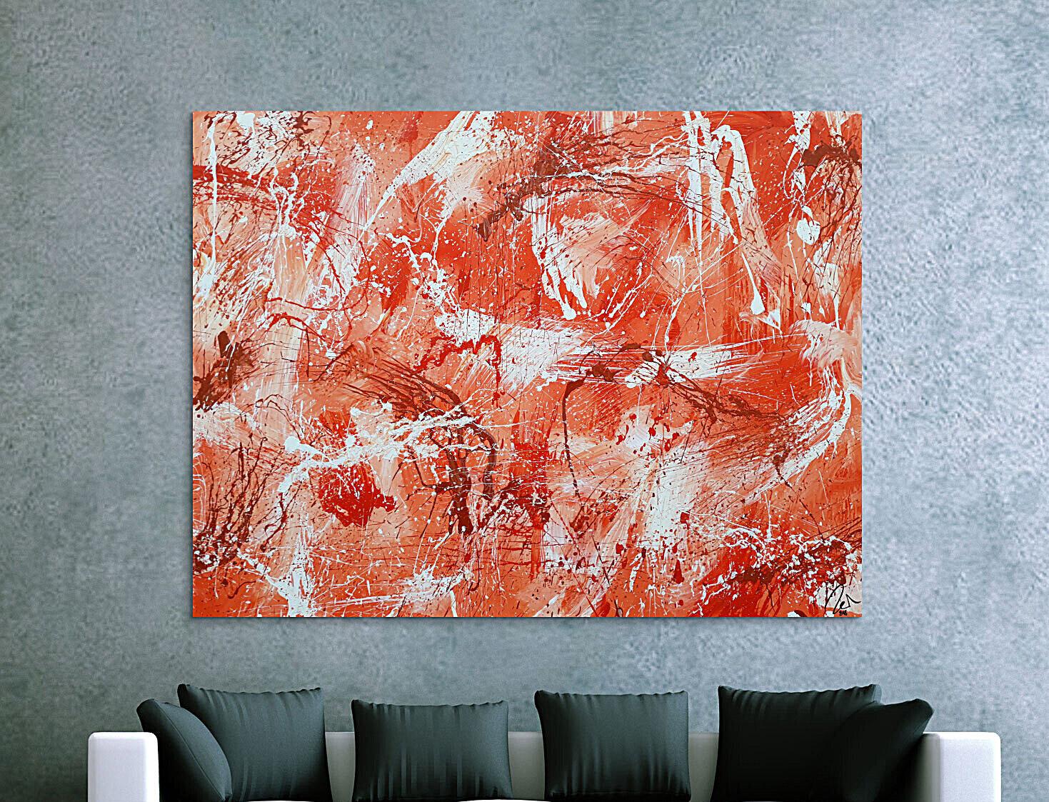 Abstraktes Acrylbild sehr modern mediterrane Farben in orange weiß Action Painting mordern Art