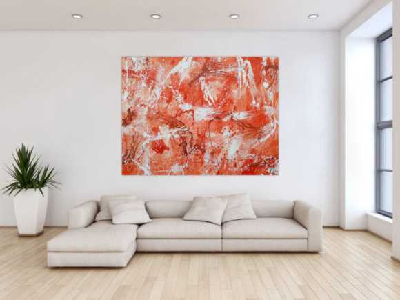 Abstraktes Acrylbild sehr modern mediterrane Farben in orange weiß Action Painting mordern Art