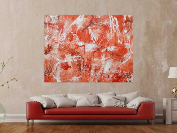 Abstraktes Acrylbild sehr modern mediterrane Farben in orange weiß Action Painting mordern Art