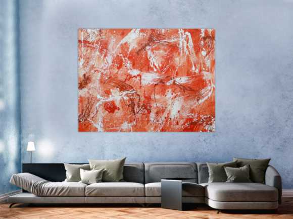 Abstraktes Acrylbild sehr modern mediterrane Farben in orange weiß Action Painting mordern Art