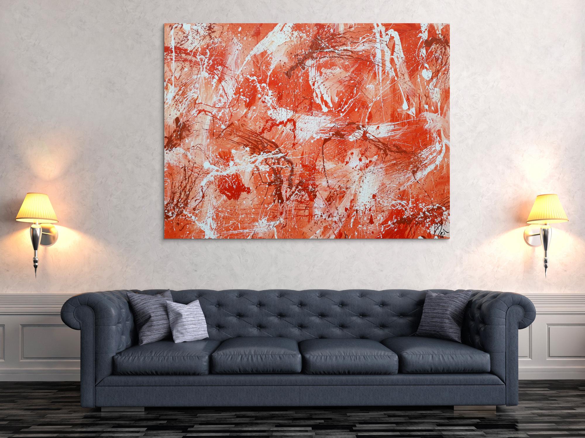 Abstraktes Acrylbild sehr modern mediterrane Farben in orange weiß Action Painting mordern Art