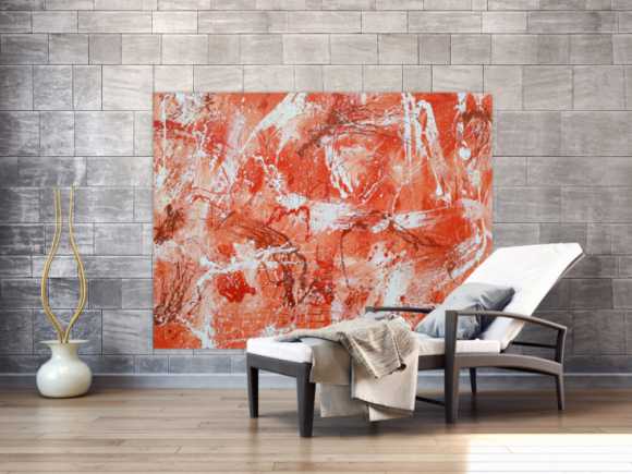 Abstraktes Acrylbild sehr modern mediterrane Farben in orange weiß Action Painting mordern Art