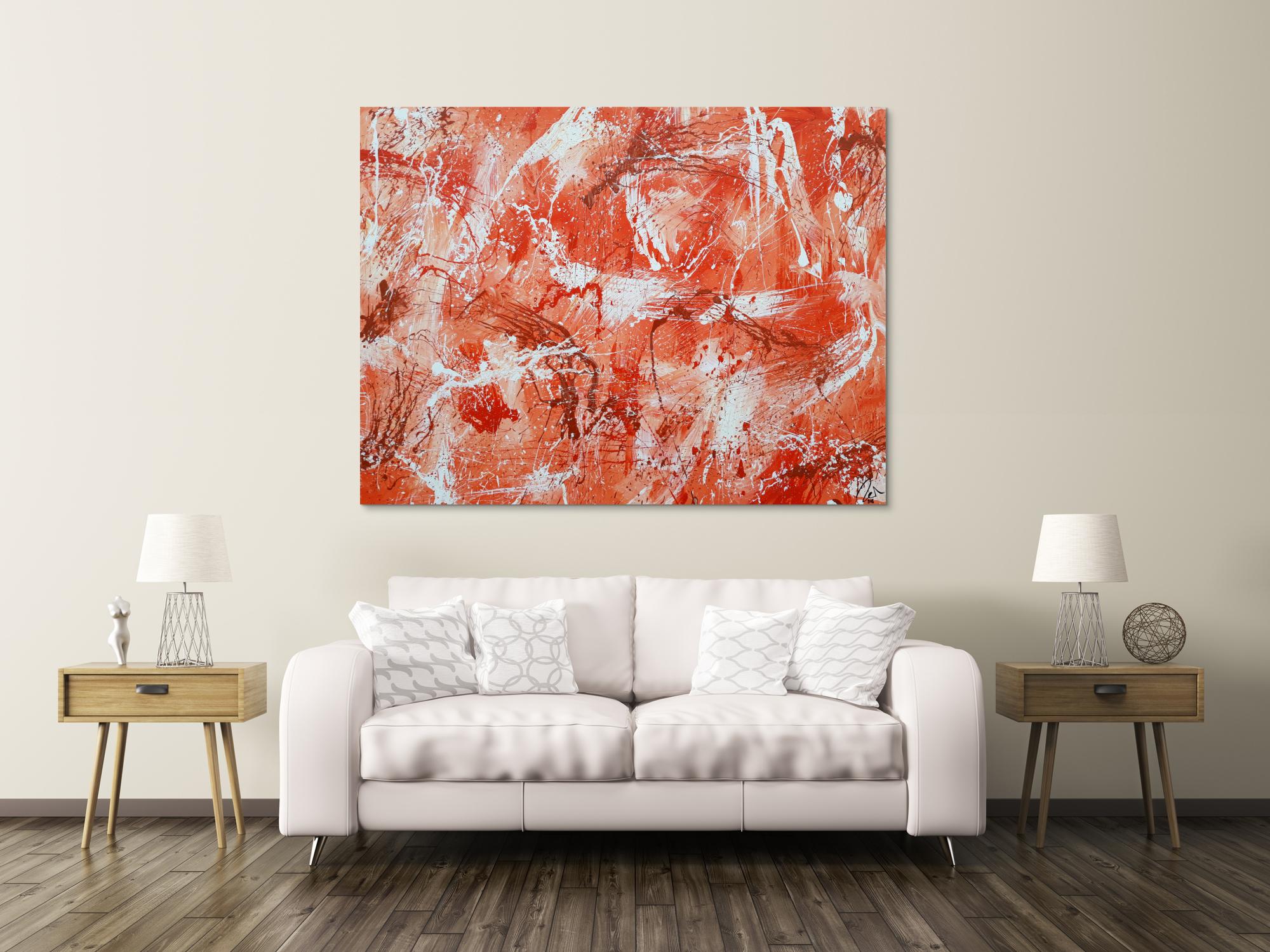 Abstraktes Acrylbild sehr modern mediterrane Farben in orange weiß Action Painting mordern Art
