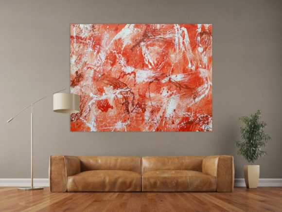 Abstraktes Acrylbild sehr modern mediterrane Farben in orange weiß Action Painting mordern Art