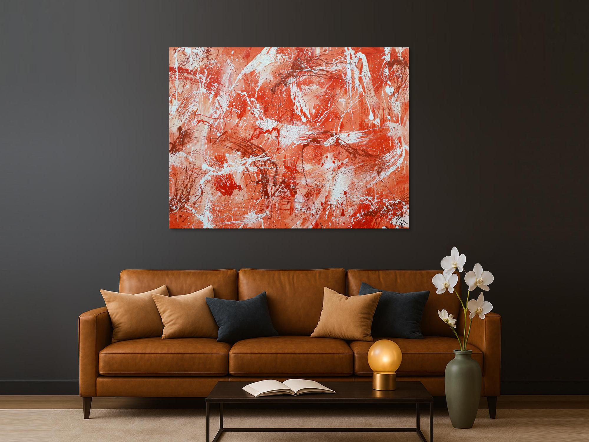Abstraktes Acrylbild sehr modern mediterrane Farben in orange weiß Action Painting mordern Art