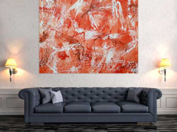 Abstraktes Acrylbild sehr modern mediterrane Farben in orange weiß Action Painting mordern Art
