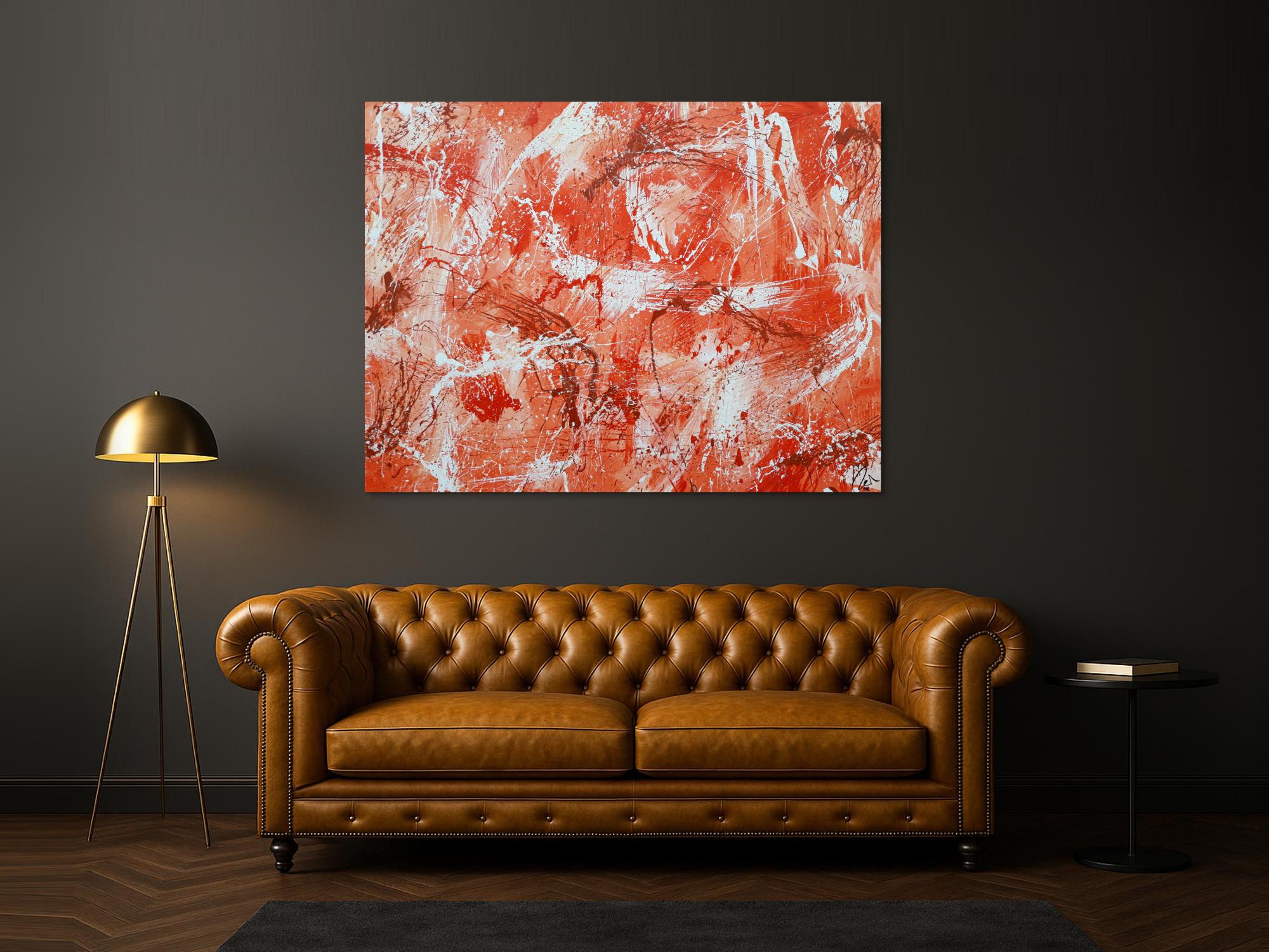 Abstraktes Acrylbild sehr modern mediterrane Farben in orange weiß Action Painting mordern Art